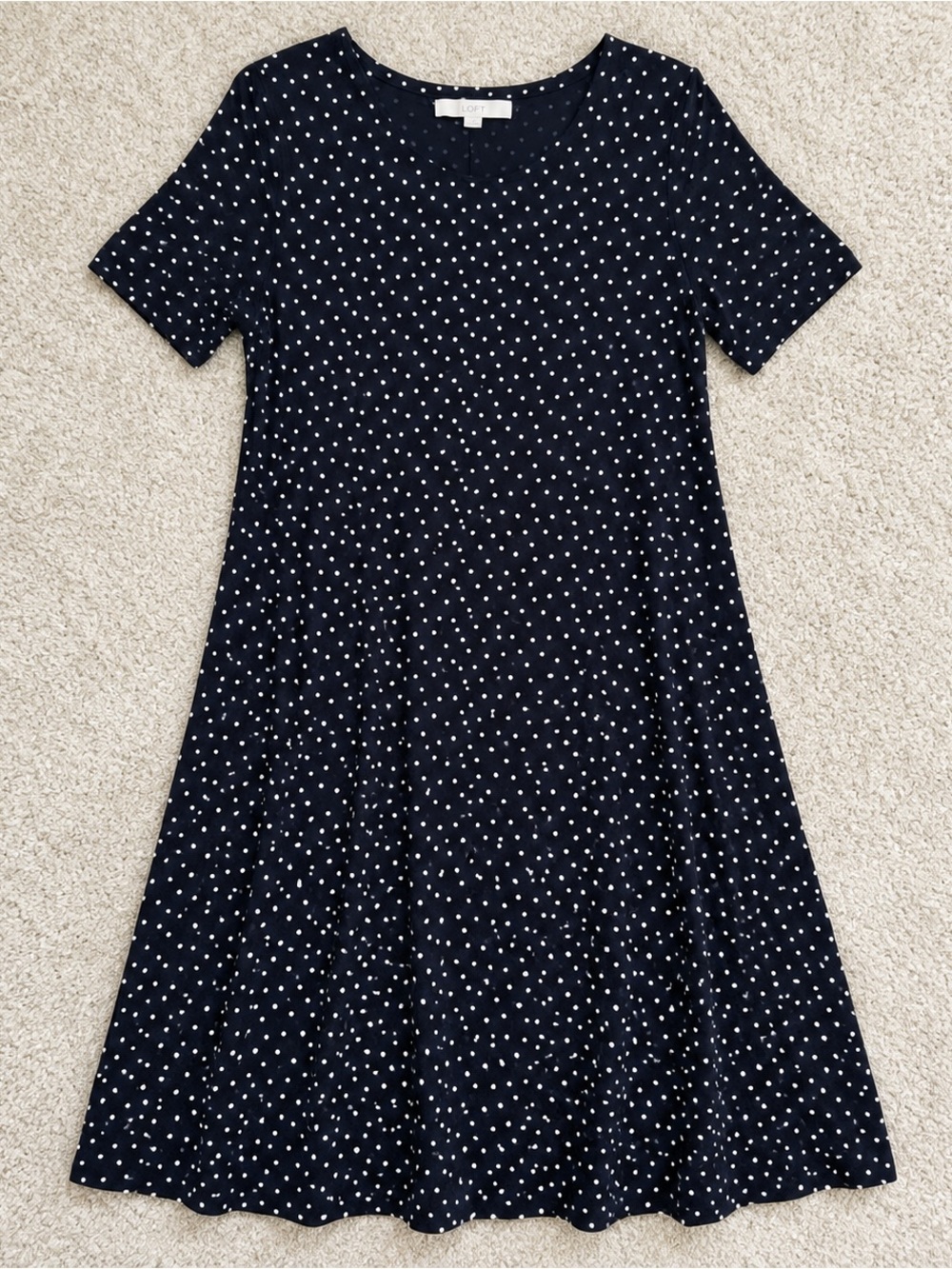 LOFT Navy White Polka Dot A-Line Dress Large Short Sleeve Stretch